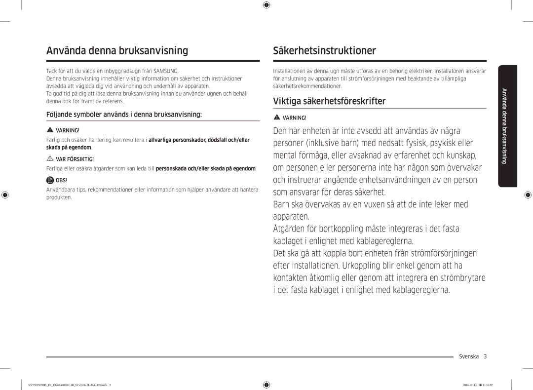 Samsung NV75N7678RS/EE manual Använda denna bruksanvisning, Säkerhetsinstruktioner, Svenska  